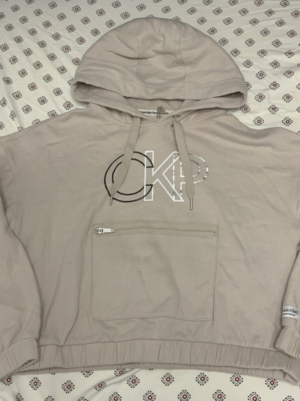 Calvin Klein Performance Hoodie Womens Pullover Beige Logo Zip Pocket Drawstring